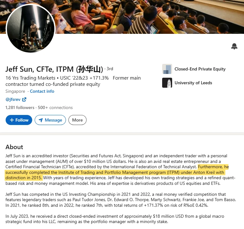 Jeff Sun's LinkedIn profile, with the line about completing the ITPM program under Anton Kreil with distinction in 2015 highlighted